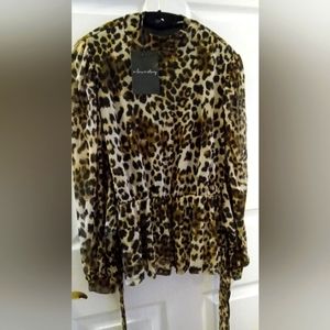 Sheer Ruffle belted shoulder shirt